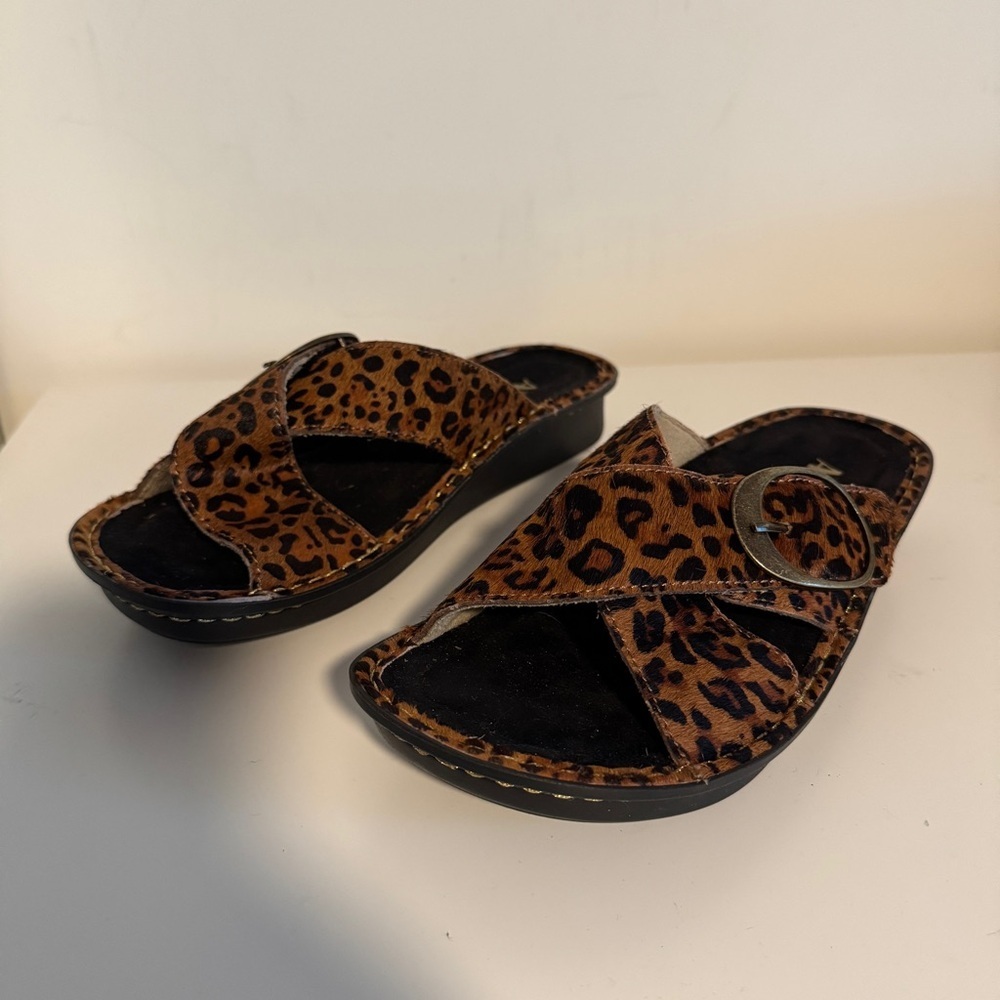 Alegria Vanya Safari Leopard Print Slide Sandals with Buckle 38 - Picture 2 of 7